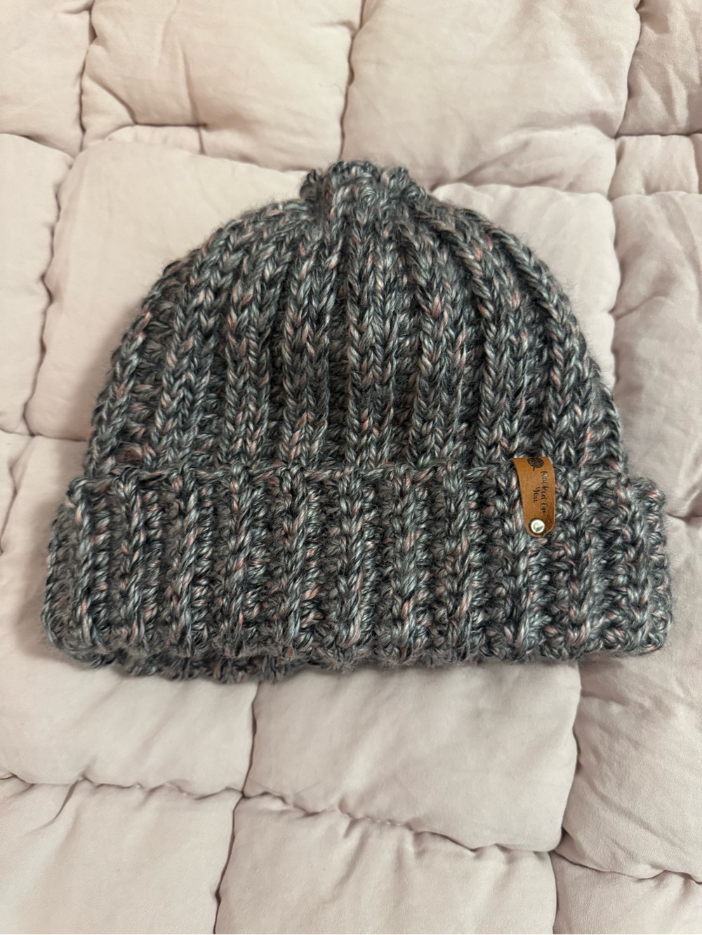 Marled Gray Knit Cuffed Beanie Hat - Women